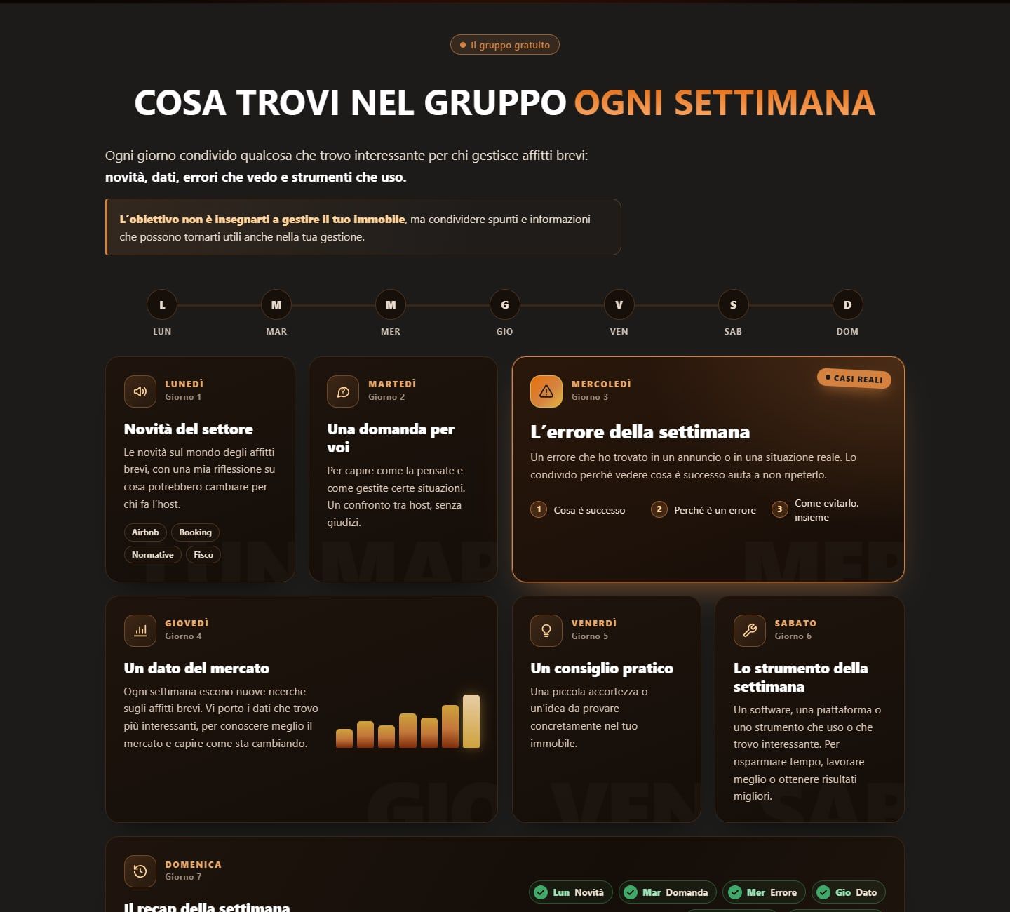 Dettaglio della landing Conoscimi: il calendario dei contenuti settimanali del gruppo, con il giorno evidenziato