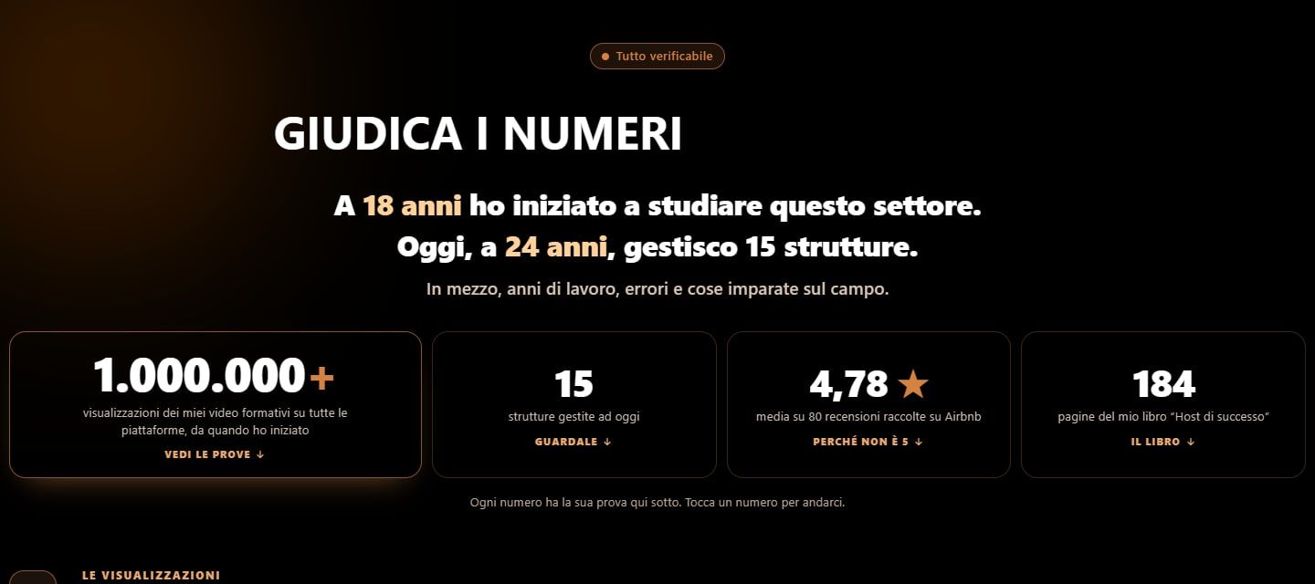 Dettaglio della landing Conoscimi: la fascia con i numeri di Thomas Bertazzo