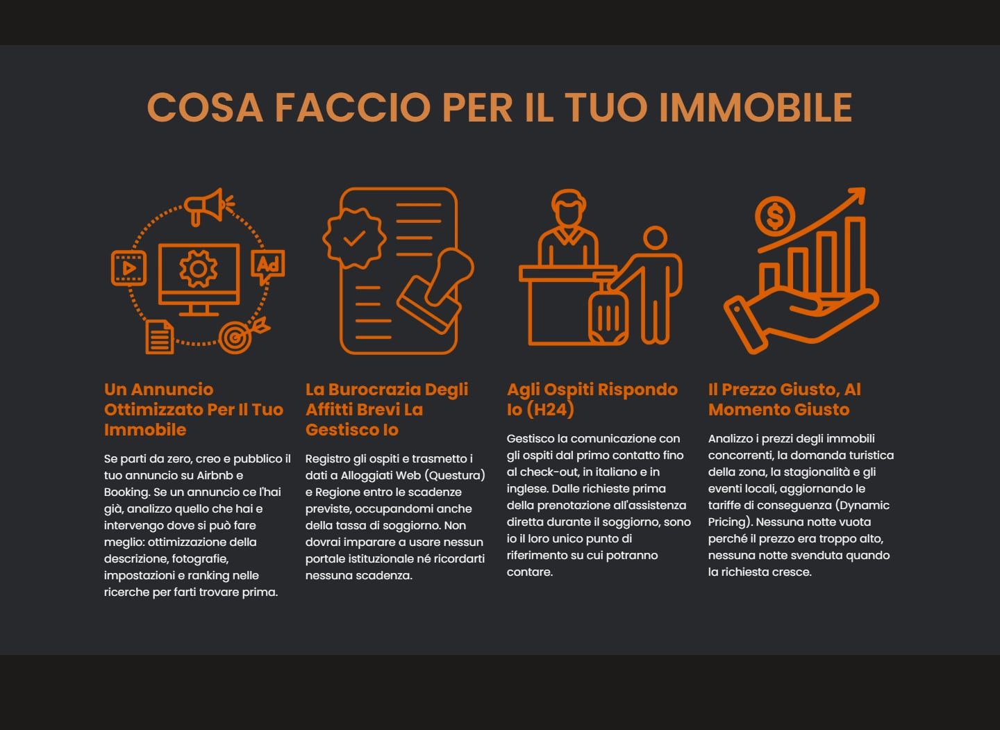 Dettaglio della home di Bertazzo Property Hub: la sezione con i quattro servizi illustrati